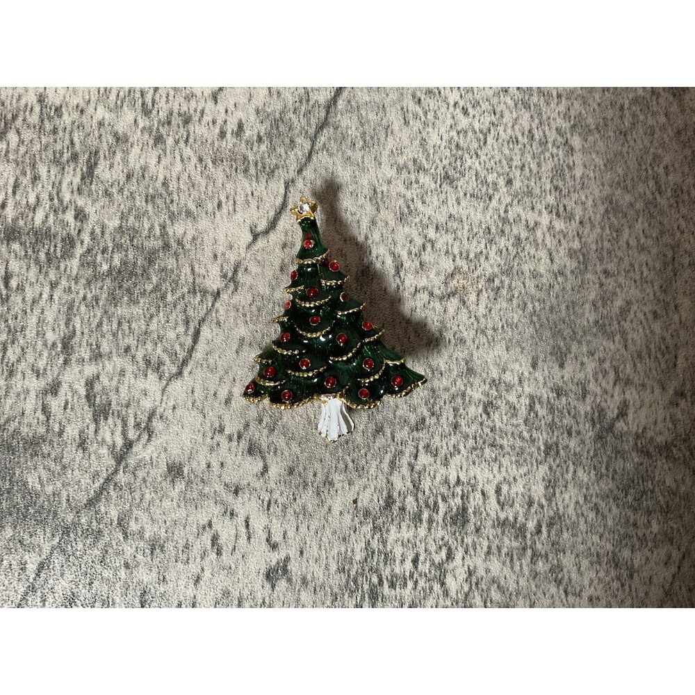 Vintage Christmas Tree Pin Brooch Green Red Gold Enamel Jewelry
